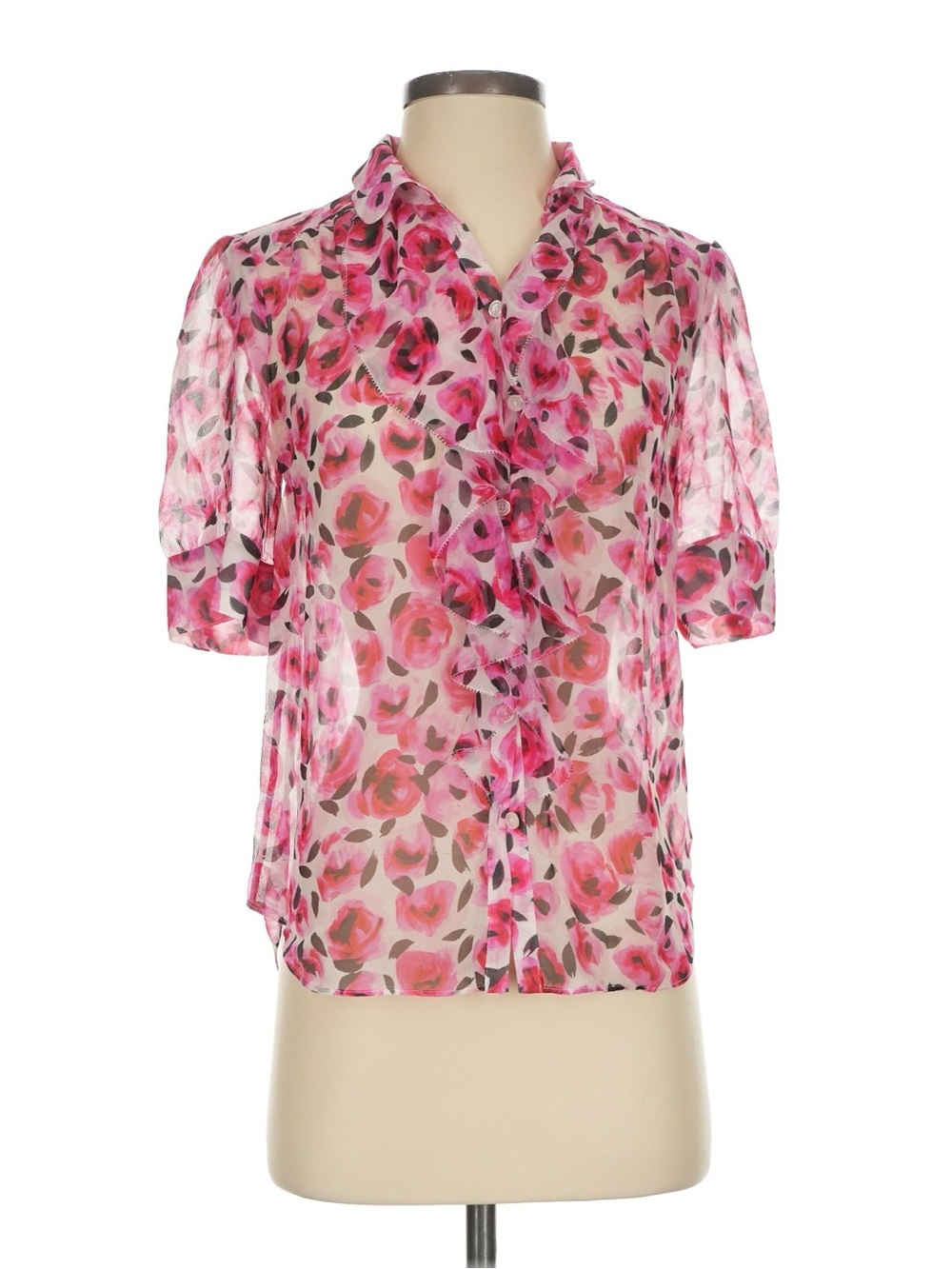 kate spade 100% silk sheer Pink rosebud floral Ruffle Front Blouse